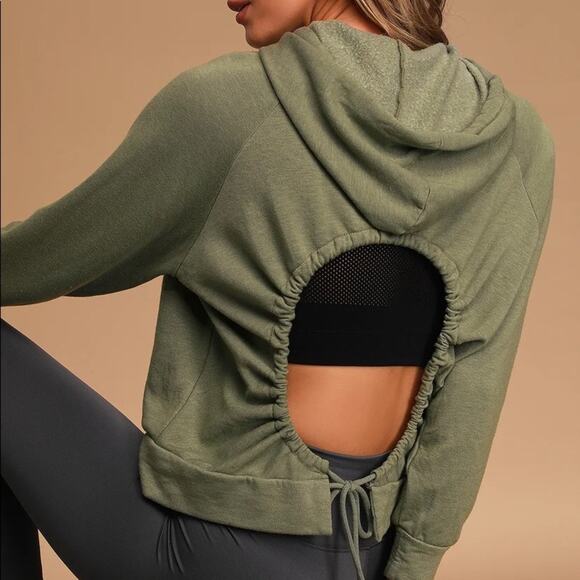LuLus Round Olive Green Back Cutout Drawstring Hoodie - M - Picture 1 of 10